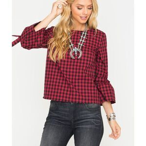 Jack by BB Dakota Ruby Red and Black Seen It All Gingham Plaid Bell Sleeve Top